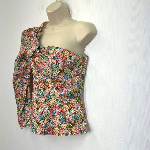 Zara - Bright Colorful Floral One Shoulder Puffed Sleeve Blouse Size XS - Picture 6 of 9